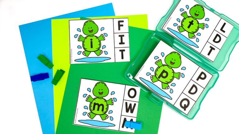 Spring-themed alphabet clip card featuring a cartoon turtle splashing in a puddle. The turtle’s shell displays a lowercase letter, and students choose the matching uppercase letter from three options.