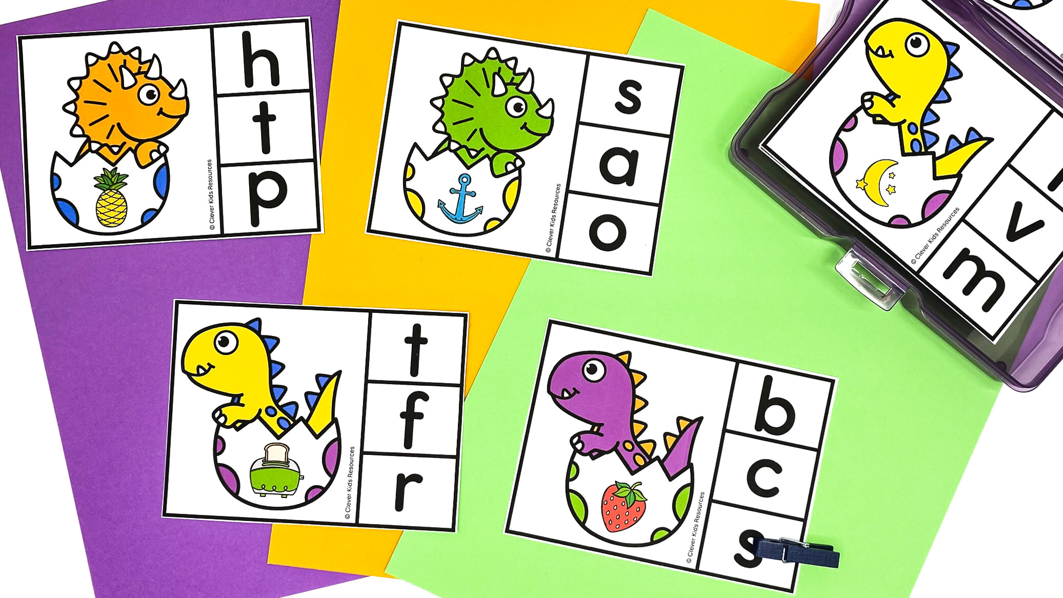 Dinosaur-themed beginning sounds clip cards for kindergarten literacy centers, featuring colorful baby dinosaurs in eggs with picture prompts and letter choices.