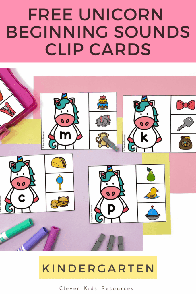 Pinterest pin for free unicorn beginning sounds clip cards. A fun phonics activity for kindergarten where kids match lowercase letters to pictures with the same starting sound.