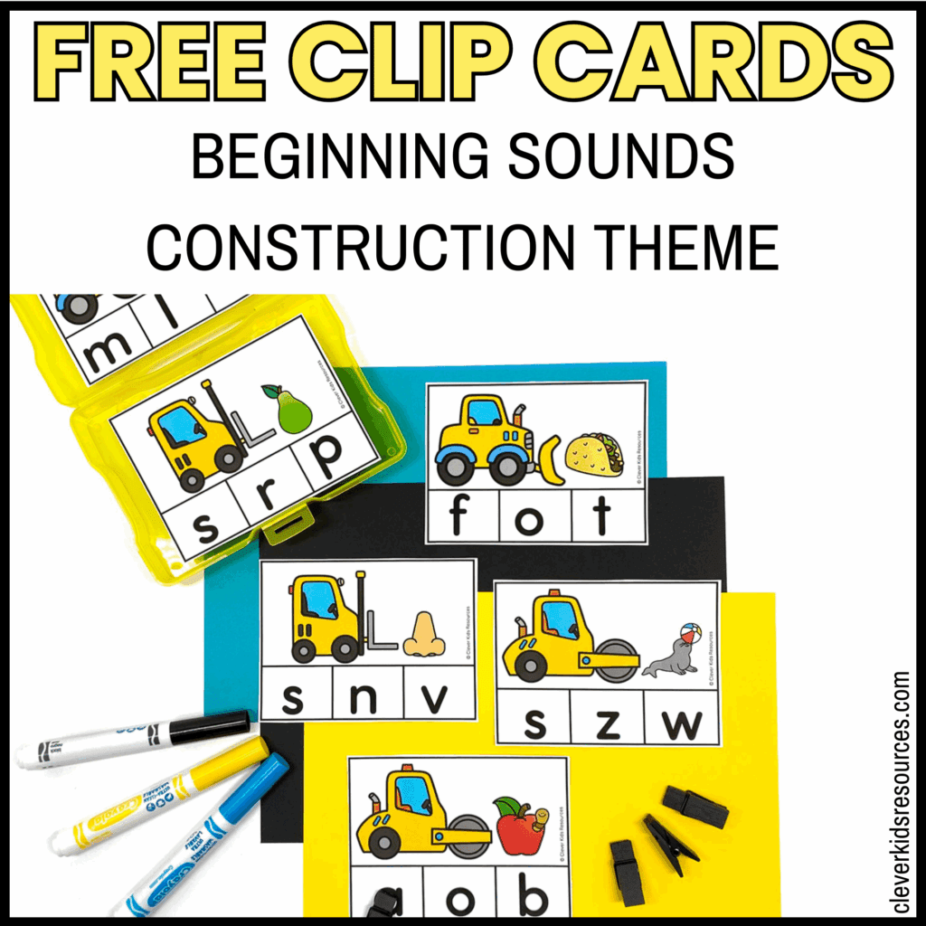 Construction-themed beginning sounds clip cards with vehicles and objects for preschool and kindergarten phonics practice.