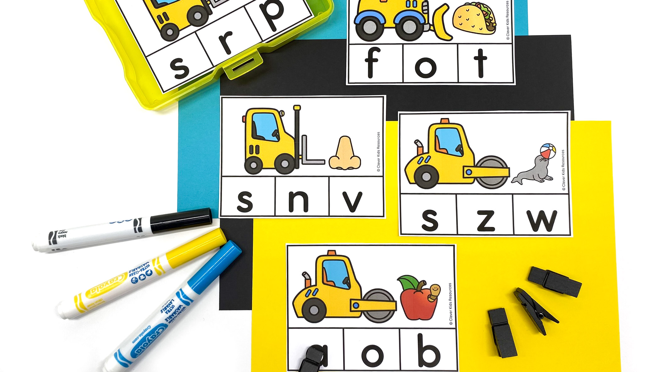 Construction-themed beginning sounds clip cards with vehicles and objects for preschool and kindergarten phonics practice.