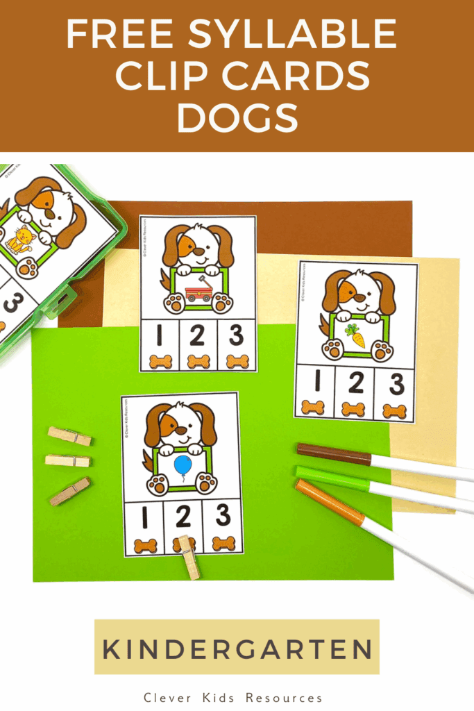 Hands-on phonological awareness activity with dog clip cards where kids count syllables using clothespins.