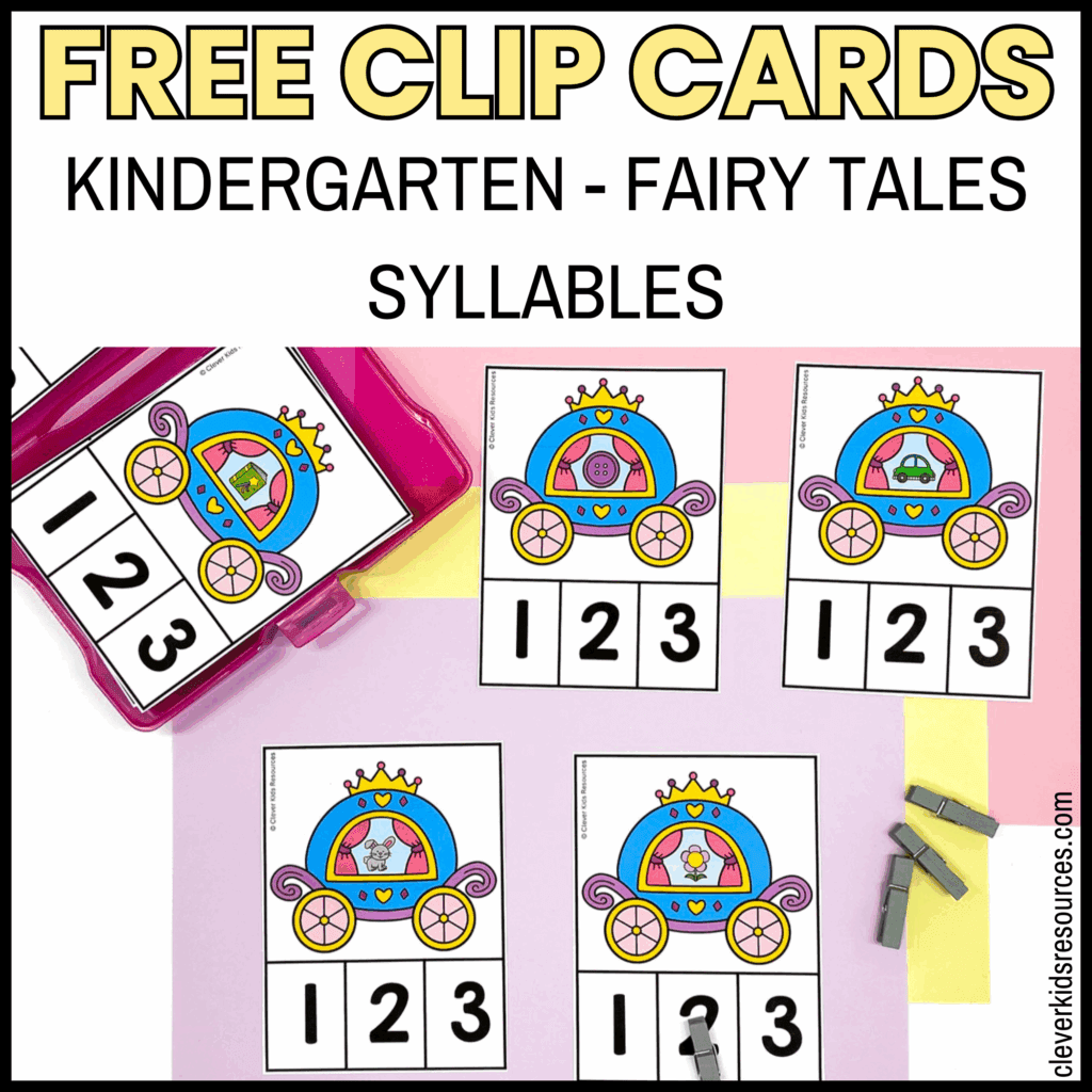 Free Fairy Tale Syllable Clip Cards printable for preschool and kindergarten literacy centers.