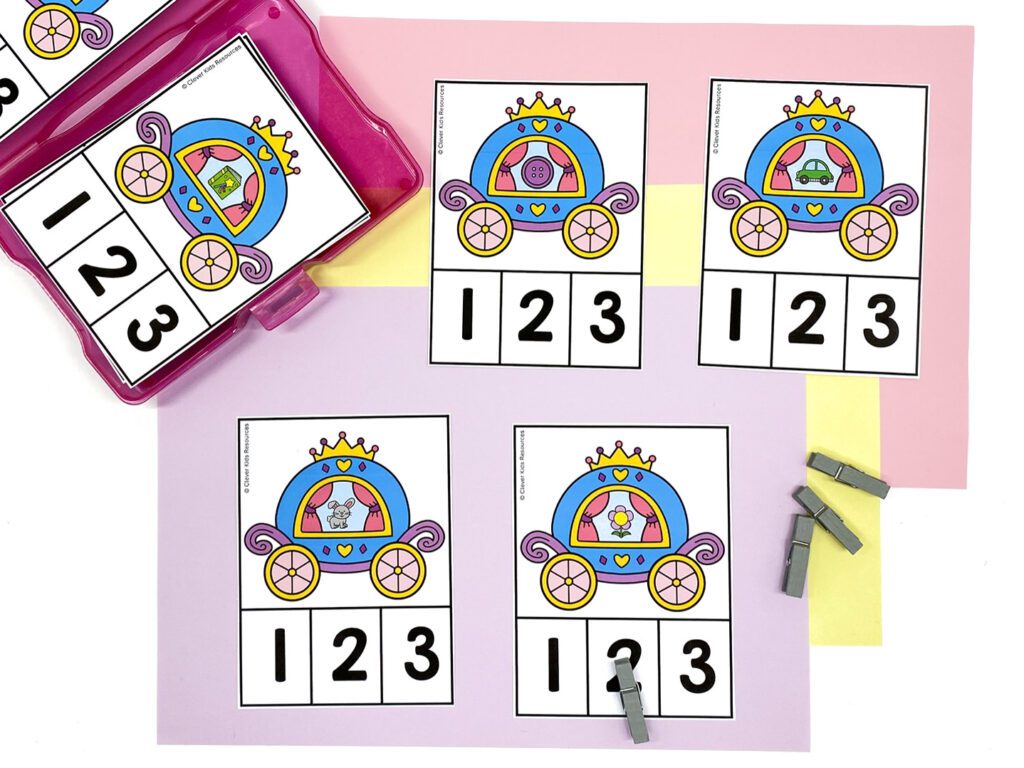 Printable Fairy Tale Syllable Clip Cards featuring bright carriage designs, perfect for teaching phonological awareness.