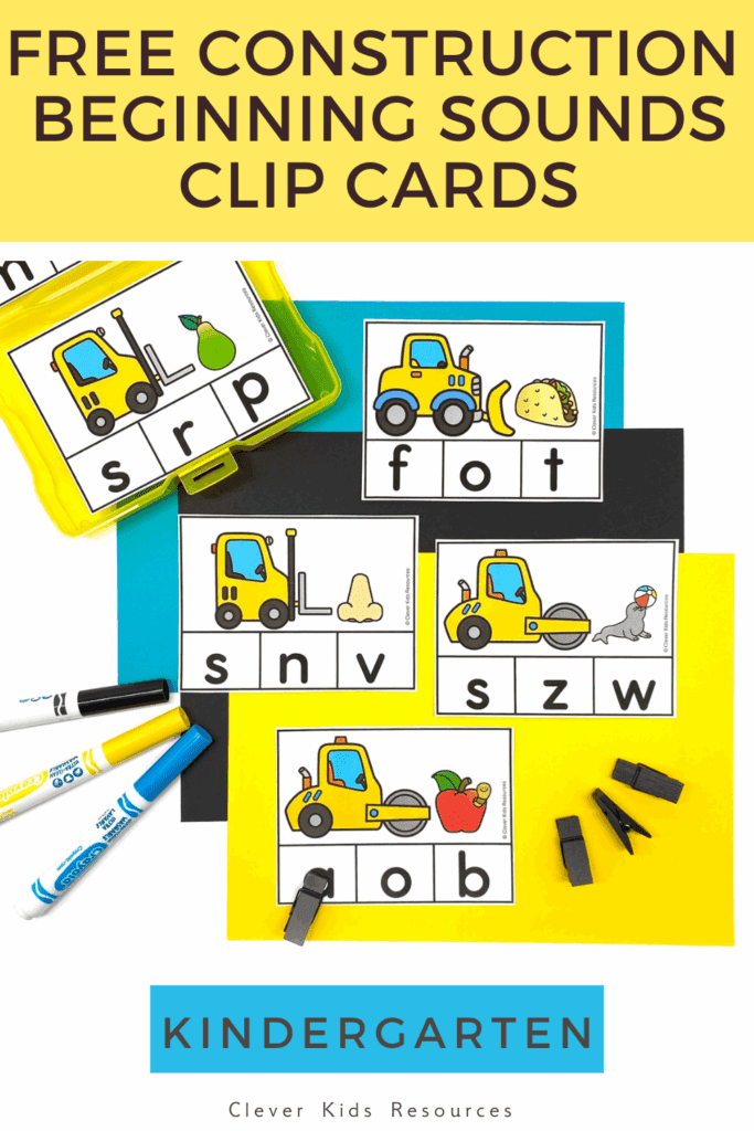 Kindergarten phonics activity using construction trucks and clip cards to practice beginning letter sounds.