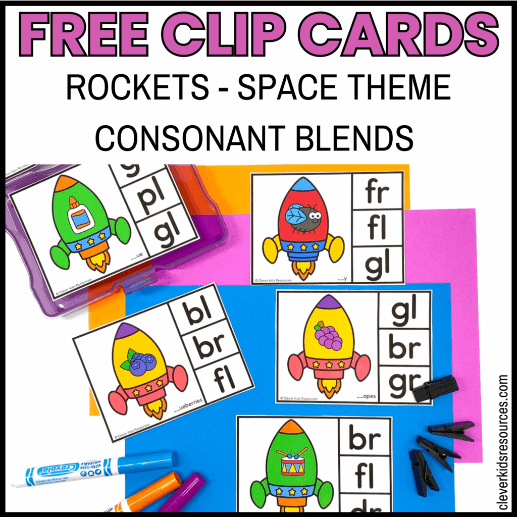 Printable free rocket blends clip cards with space theme for phonics practice and early reading skills.