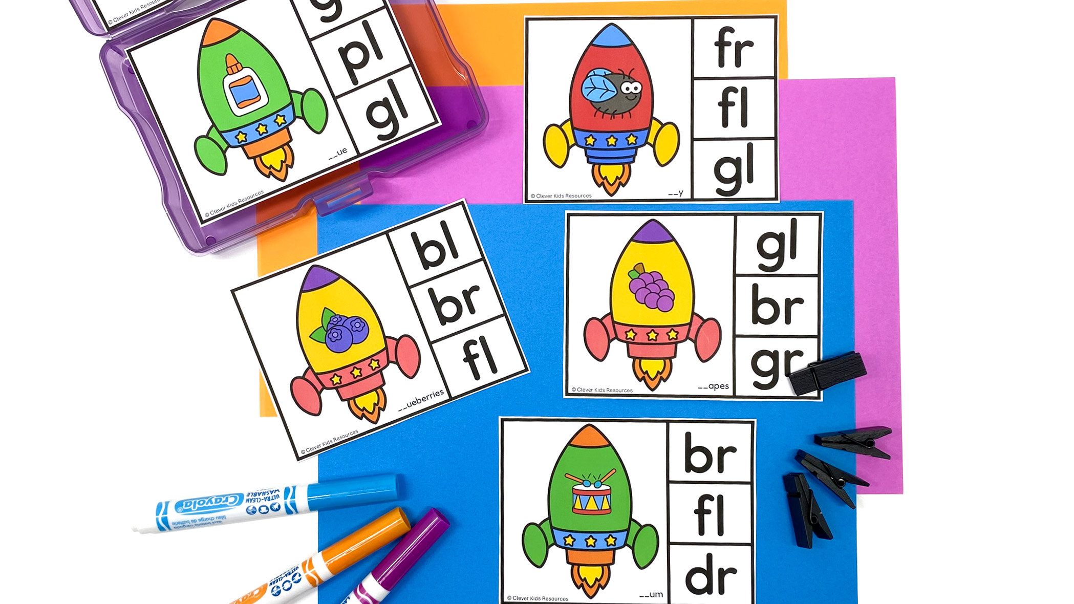 Free rocket blends clip cards for kindergarten literacy centers featuring colorful rockets with beginning consonant blends.
