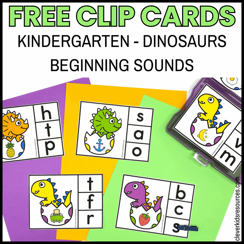 Set of dinosaur-themed beginning sounds clip cards on colorful paper, designed for kindergarten literacy centers with picture prompts and multiple choice letters.