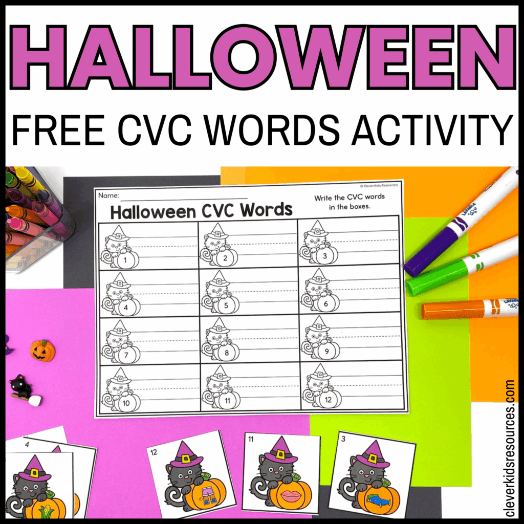 Free Halloween CVC Words Activity with 12 word cards and tracing sheet for phonics and writing practice in literacy centers.