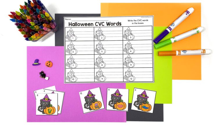 Halloween CVC Words Activity for kindergarten with colorful recording sheet, markers, and word cards for literacy centers.
